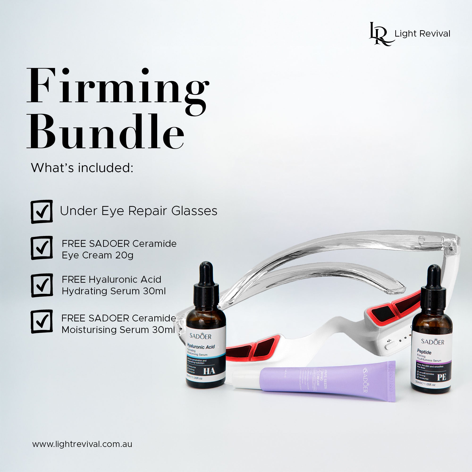 Light Revival firming bundle with eye repair glasses, serum bottles, and cream on a white background.